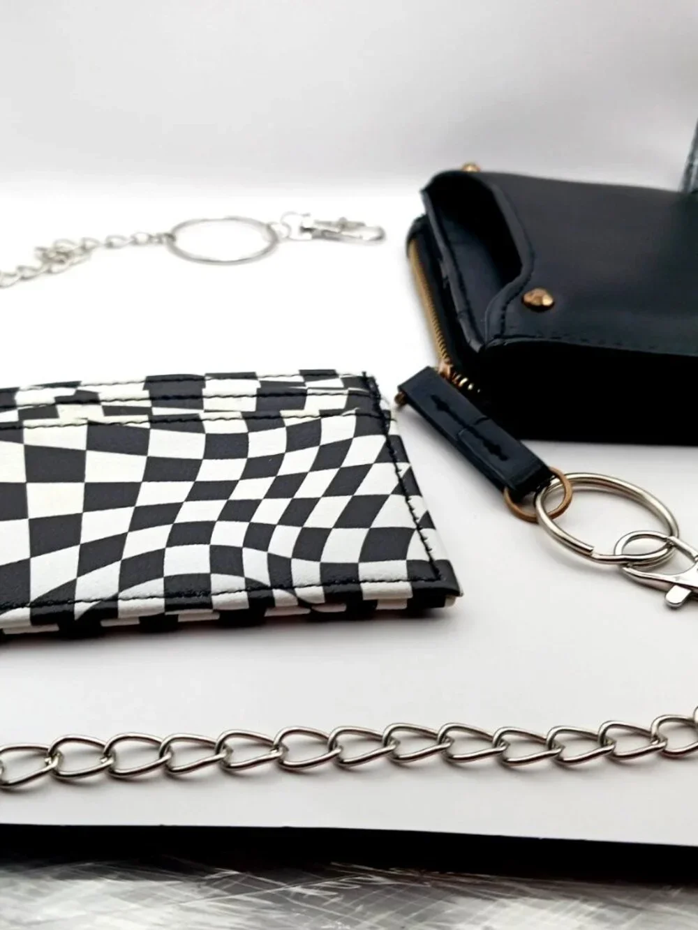 Black + White Skater Checkered Wallet with Removable Card Holder + Chain